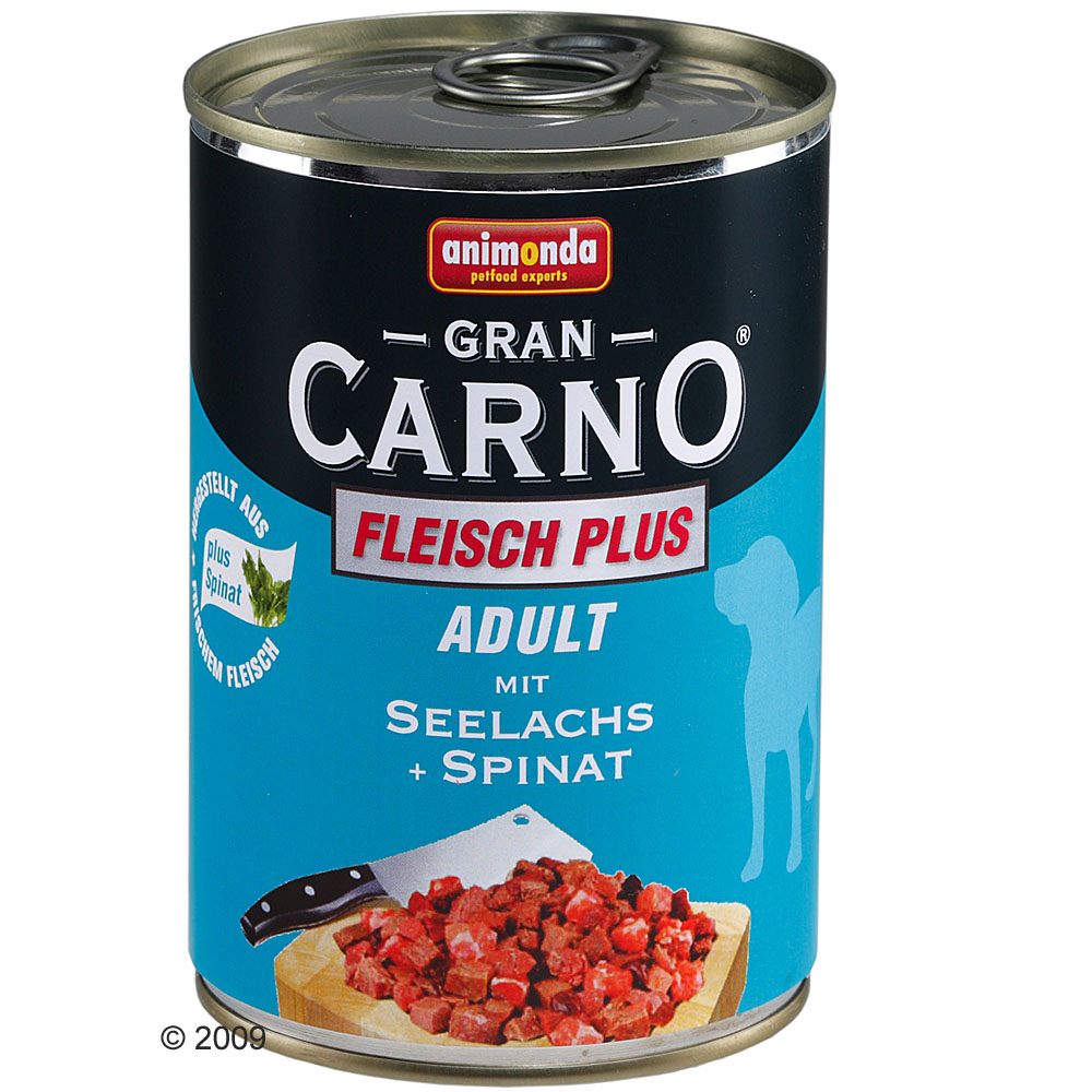GranCarno Adult Meat Plus dog food from Animonda exclusively contains carefully selected ingredients. The meat and fish are processed fresh into delicious conv